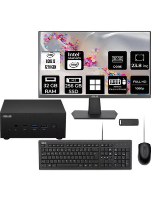 Asus Expertcenter PN64 Intel Core I3-1220P 32GB Ram 256GB SSD 23.8" Full Hd Monitör WIN11 Home PN64-BB3012MDP566 Mini Masaüstü Bilgisayar + Per4 USB Bellek