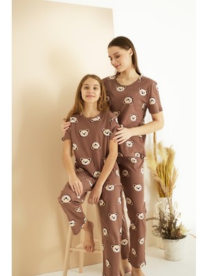 Siyah İnci Kahverengi Ayıcık Desenli Pamuklu Bisiklet Yaka Örme Pijama TAKIM25107131