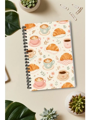 giftkonsept Kruvasan, Kahve Fincanı ve Çiçek Desenli 50 Yaprak 100 Sayfa Sprialli Defter