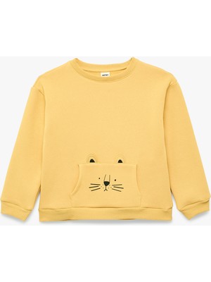 Koton Kedi Baskılı Kanguru Cepli Uzun Kollu Şardonlu Sweatshirt