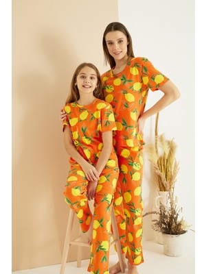 Siyah İnci Turuncu Desenli Pamuklu Bisiklet Yaka Örme Pijama TAKIM25107130