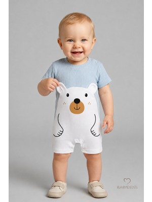 Babyden's Erkek Bebek Ayıcık Baskılı Kısa Kollu %100 Pamuk Yazlık Bebek Tulumu Yenidoğan Günlük Tulum 0-9 Ay