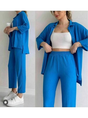 Exit Collection Kadın Bürümcük Önü Düğmeli Cep Detaylı Capri Ikili Kimono Takım