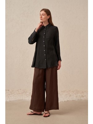 Allday  Siyah Oversize Tensel Keten Gömlek