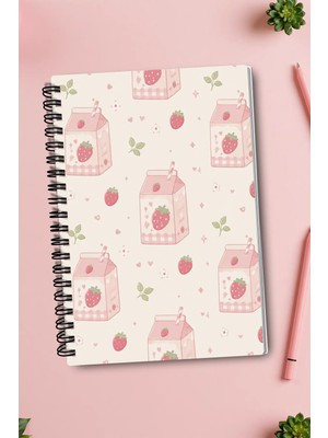 giftkonsept Çilekli Süt  ve Kalp Motifli 50 Yaprak 100 Sayfa Sprialli Defter