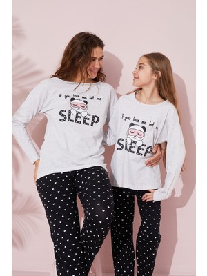 Siyah İnci Gri Baskılı Pamuklu Örme Pijama Takım 24241109