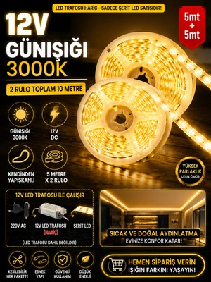 Econa 10 Metre Günışığı Şerit LED 3000K 12V Kendinden Yapışkanlı (5+5 mt 2 Rulo) - Tv Arkası, Mutfak Tezgahı, Işık Havuzu Uyumlu (Trafo Hariçtir - Pille Çalışmaz)