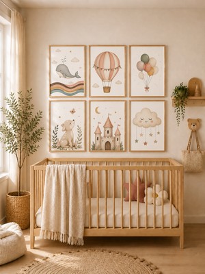 Zera Wall Mdf Tablo 6’lı Balina, Uçan Balon, Renkli Balonlar, Sevimli Geyik, Şato ve Bulut Temalı Set – Bebek ve Çocuk Odası Duvar Dekorasyonu