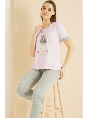 Siyah İnci Pembe Desenli Pamuklu Bisiklet Yaka Örme Pijama TAKIM25103254