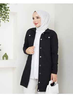 Exit Collection Kadın Tesettür Cepli Şık Rahat Yumuşak Kot Ceket Uzun Kollu Tesettür Elbise