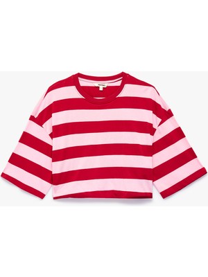 Koton Pamuklu Bisiklet Yaka 3/4 Kollu Çizgili Crop Tişört