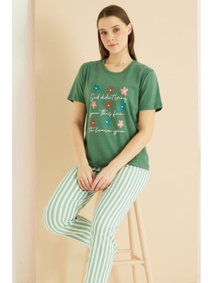 Siyah İnci Yeşil Desenli Pamuklu Bisiklet Yaka Örme Pijama TAKIM25103241