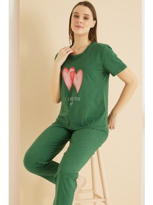 Siyah İnci Yeşil Desenli Pamuklu Bisiklet Yaka Örme Pijama TAKIM25103223