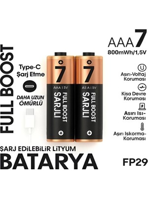 Mossem Type-C Şarjlı 800MWH 1.5V Şarj Edilebilir 2’li Aaa Ince Pil - Lityum Iyon Batarya
