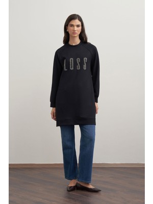 Allday  Siyah Yumuşak Dokulu Baskılı Reglan Tunik