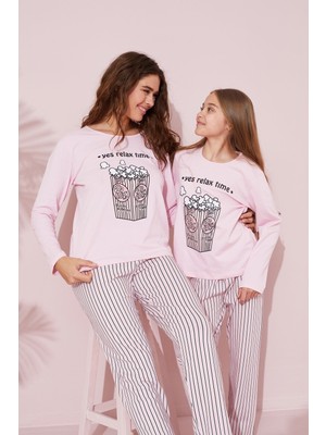 Siyah İnci Pembe Baskılı Pamuklu Örme Pijama Takım 24241064