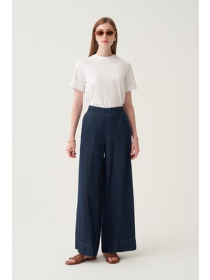 Allday  Koyu Mavi Bol Paça Denim Tensel Pantolon