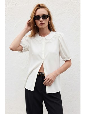 Sateen Yaka Detaylı Gömlek - Ekru
