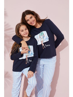 Siyah İnci Lacivert Baskılı Pamuklu Örme Pijama Takım 24241092