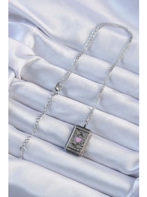 Bezos 316L Çelik Zincir Eskitme Gümüş Renk Pembe Mineli Kalp Figürlü Tarot Kolye