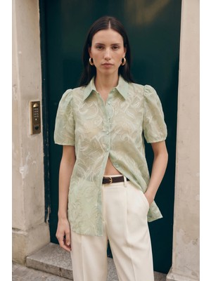 Sateen Nakışlı Kısa Kollu Gömlek - Mint