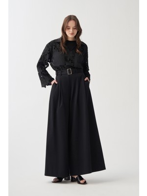 Allday  Siyah Kemerli Pileli Bol Paça Pantolon