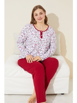 Siyah İnci Beyaz Çiçek Desenli Düğmeli Pamuklu Curve Büyük Beden Battal Boy Örme Pijama Takım 24240657