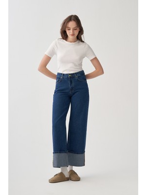 Prem  Koyu Mavi Geniş Paça Denim Pantolon