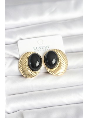 Bezos Pirinç Gold Renk Siyah Boncuklu Oval Vintage Kadın Küpe