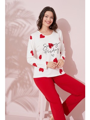 Siyah İnci Ekru Baskılı Pamuklu Örme Pijama Takım 24240159