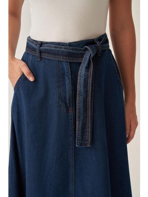 Prem  Mavi Kuşaklı Kloş Denim Etek