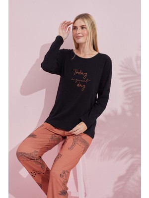 Siyah İnci Siyah Çokrenkli Pamuklu Örme Pijama Takım 24240179