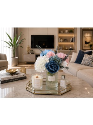 Vinnos Home & Concept Yapay Ortanca Çiçek Aranjmanı Cam Vazolu- Ahşapfitilli Doğalsoya Mum& Oda Kokusuhediyeli
