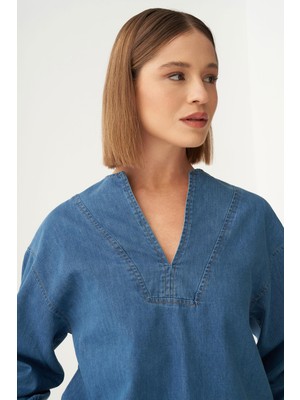 Prem  Açık Mavi V Yaka Denim Gömlek Tunik