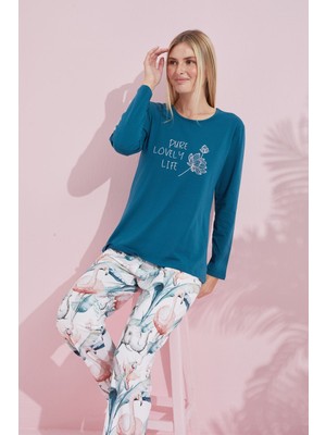 Siyah İnci Yeşil Çokrenkli Pamuklu Örme Pijama Takım 24240188