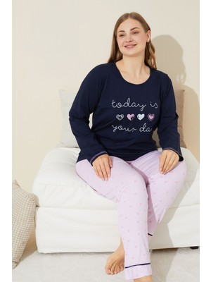 Siyah İnci Lacivert Baskılı Pamuklu Curve Büyük Beden Battal Boy Örme Pijama Takım 24240646