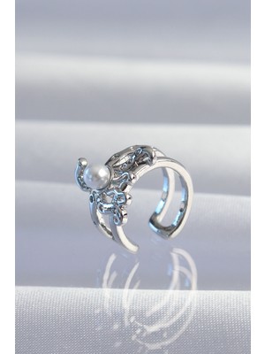 Bezos Pirinç Gümüş Renk Incili Ahtapot Earcuff Küpe