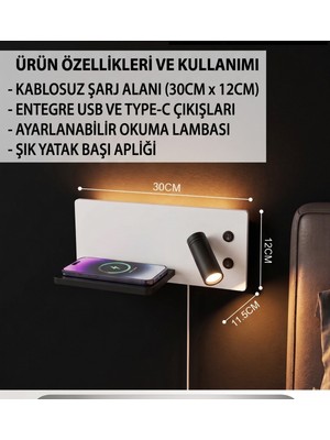 Econa Çok Fonksiyonlu Yatak Başı LED Aplik ve Duvar Lambası: Kablosuz Şarjlı, Ayarlanabilir Okuma Lambası, USB ve Type-C , Modern