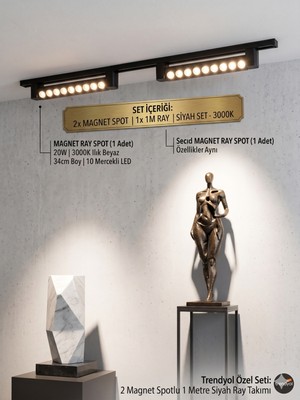 Econa 2'li Magnet Ray Spot Seti 20W - 1 Metre Siyah Ray - 3000K Gün Işığı,2x 20W Magnet Ray Spot & 1 Metre Siyah Ray Aydınlatma Seti