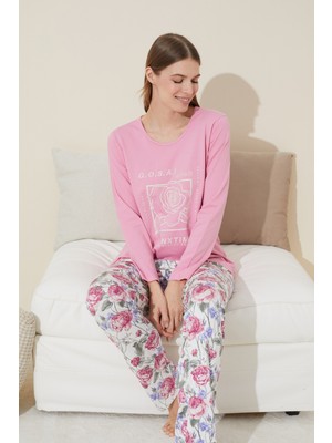 Siyah İnci Pembe Baskılı Pamuklu Örme Pijama Takım 24240113