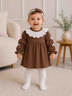 Babys Tasarım Kız Bebek Yazlık Uzun Kollu Pamuklu Fırfır Yakalı Elbise Günlük Bebek Elbisesi