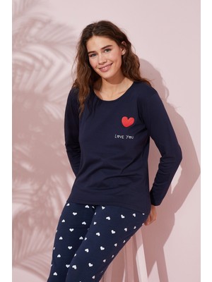 Siyah İnci Lacivert Baskılı Pamuklu Örme Pijama Takım 24240137