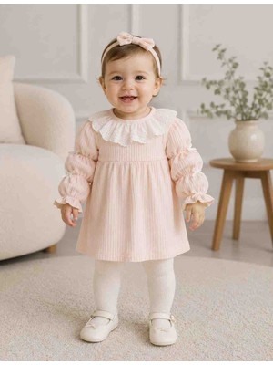 Babys Tasarım Kız Bebek Yazlık Uzun Kollu Pamuklu Fırfır Yakalı Elbise Günlük Bebek Elbisesi