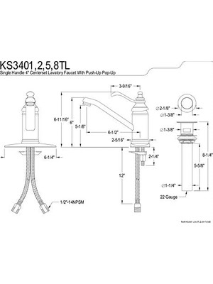 Bg Store Brass KS3401TL Templeton 4-Inç Single Handle Centerset Lavatory Musluk With Push Up Drain, Cilalı Krom By Kingston Brass