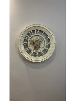 La Lune Home Çarklı Dekoratif Duvar Saati 53X60 cm Büyük Boy Modern Salon Ofis Saati Krem-Gri-Bronz
