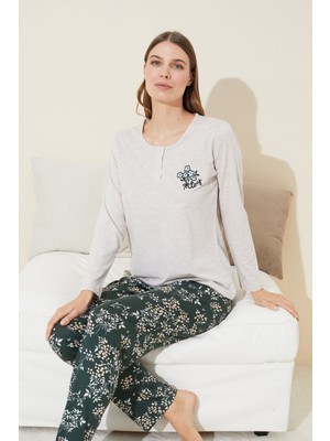 Siyah İnci Bej Melanj Nakışlı Düğmeli Pamuklu Örme Pijama Takım 24240099