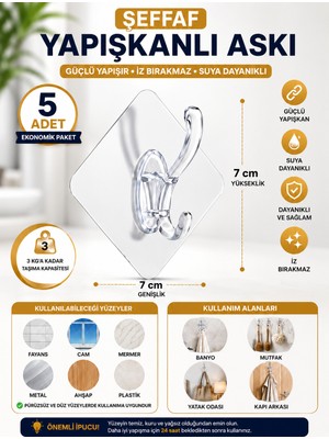 Lataris 5 Adet Şeffaf Kendinden Yapışkanlı Duvar Askısı 7x7 cm | Güçlü Yapışkanlı Banyo, Mutfak ve Kapı Arkası Askılığı | Suya Dayanıklı