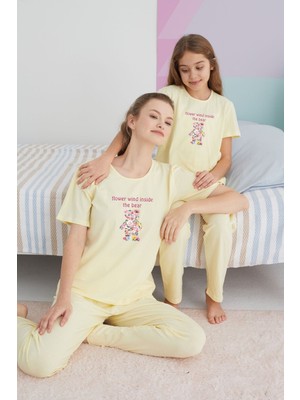 Siyah İnci Sarı Pamuklu Örme Pijama Takım