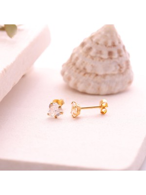 Nox Jewelry 14 Ayar Altın Kaplama Gümüş Kalp Tek Taş Çivili Küpe  - ES00250