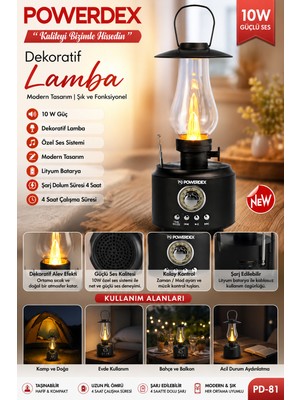 Powerdex Pd-81 Dekoratif LED Lamba Bluetooth Hoparlör 10W Şarjlı Lityum Bataryalı Nostaljik Masa Lambası